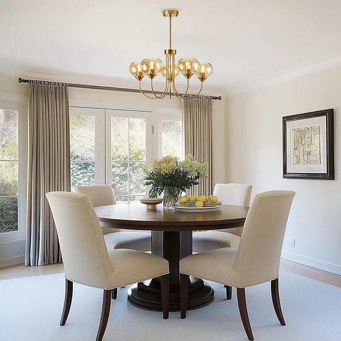 Mid Century Modern Globe Chandelier 5 Light Amber Glass Vintage Sputnik Chandeliers Gold Pendant Light Fixtures for Dining Room Kitchen Living Room Bedroom