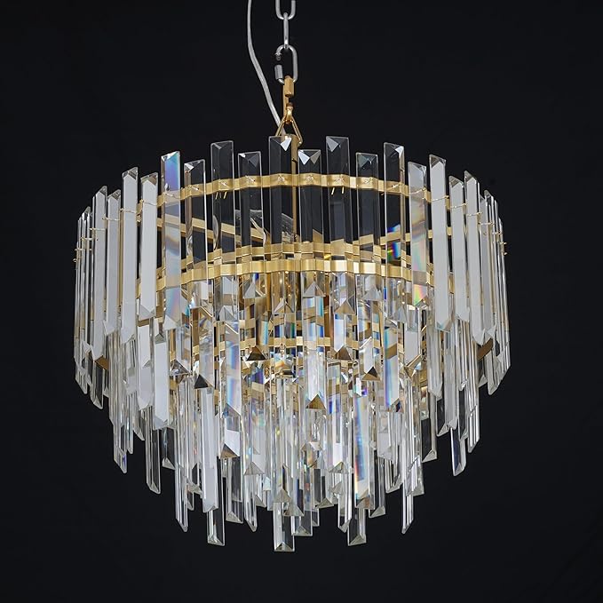 17.6" Modern Crystal Chandelier, 3-Tier Gold Pendant Light with 6 Lights, Luxury K9 Crystal Ceiling Fixture for Dining Room Living Room Foyer