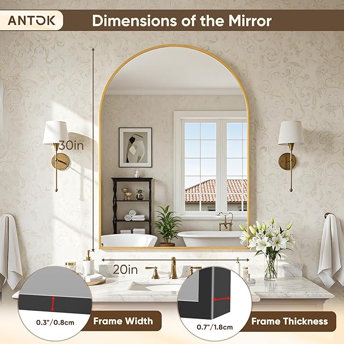 Antok Wall Mirror, 20"x30" Bathroom Vanity Mirror, Anti-Rust HD Tempered Glass, Wall Mounted Mirrors for Living Room, Entryway, Gold Frame, Arched
