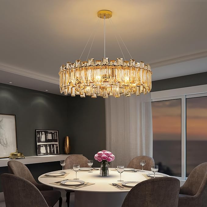 Modern Luxury K9 Crystal Chandelier 10-Lights Gold Round Pendant Light Easy Install Ceiling Hanging Light Fixture for Dining Living Room Kitchen Island Entryway Foyer D31.5