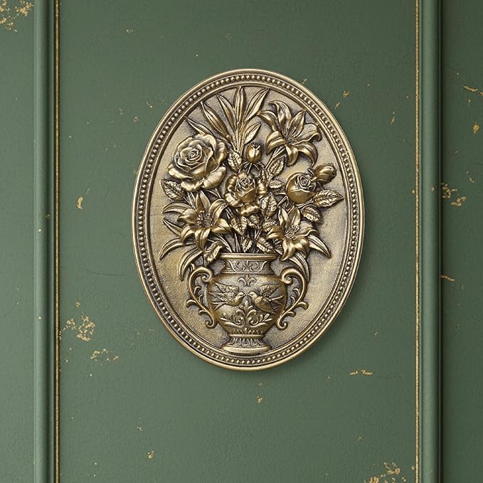Newinhome Vintage Flower Wall Sculpture, Antique Wall Decor, Hand Painted Wall Decorations with Embossed Flower Design, Antique Pediment, Gold Decor for Living Room Bedroom Hallway, Unique Gifts