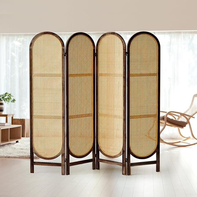 4 Panels Room Dividers and Hand-Woven Rattan Room Divider Wall, Wood Room Divider Folding Privacy Screens for Home Office Bedroom, Brown