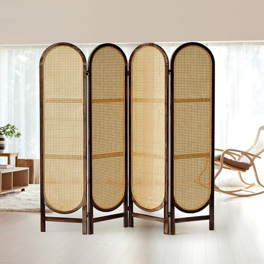 4 Panels Room Dividers and Hand-Woven Rattan Room Divider Wall, Wood Room Divider Folding Privacy Screens for Home Office Bedroom, Brown