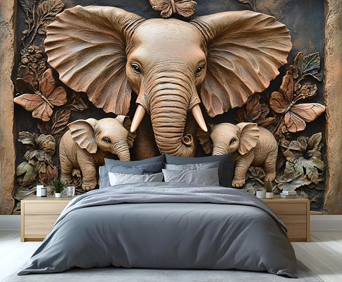 African Elephants Mural Wallpaper, Greek Reliefs Murals, Butterflies Flowers Murals Wallpaper for Living Room Bedroom Home Decor Mural - 59" W x 39.26" H (Not Peel Stick)