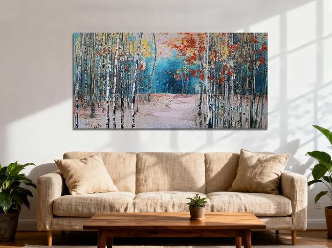 Ardemy Aspen Tree Wall Art Living Room Landscape Panoramic Textured Pictures Bedroom Wall Decor Forest Canvas Paintings Artwork Home Office Wall Decoration, Large 48"x24"