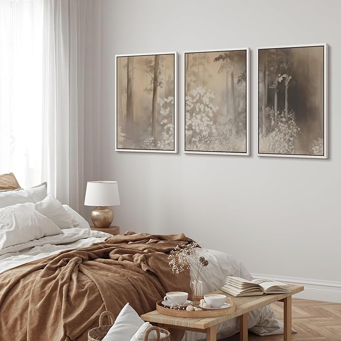 MUDECOR Framed Wall Art Print Set Neutral Forest Landscape Beige and Gray Watercolor Illustrations Realism Decorative for Living Room, Bedroom, Office - 24"x36"x3 White