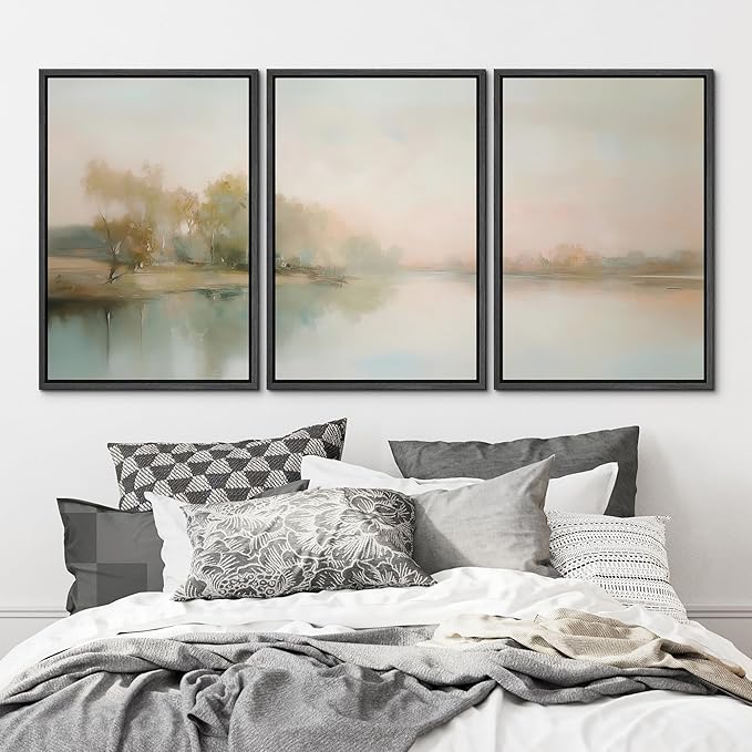 MUDECOR Framed Wall Art Print Set Soft Pastel Landscape Serene Waters and Reflections Illustrations Modern Art Boho Decorative Colorful Chic for Living Room, Bedroom, Office - 16"x24"x3 Black