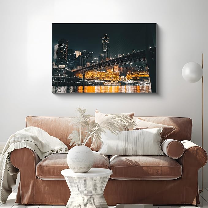NAN Wind 1PCS Chongqing City Nightscape Canvas Wall Art Illuminated Chinese Skyline with Bridge Skyscrapers Modern Urban Landscape Photography Print for Living Room Office Bedroom Decor
