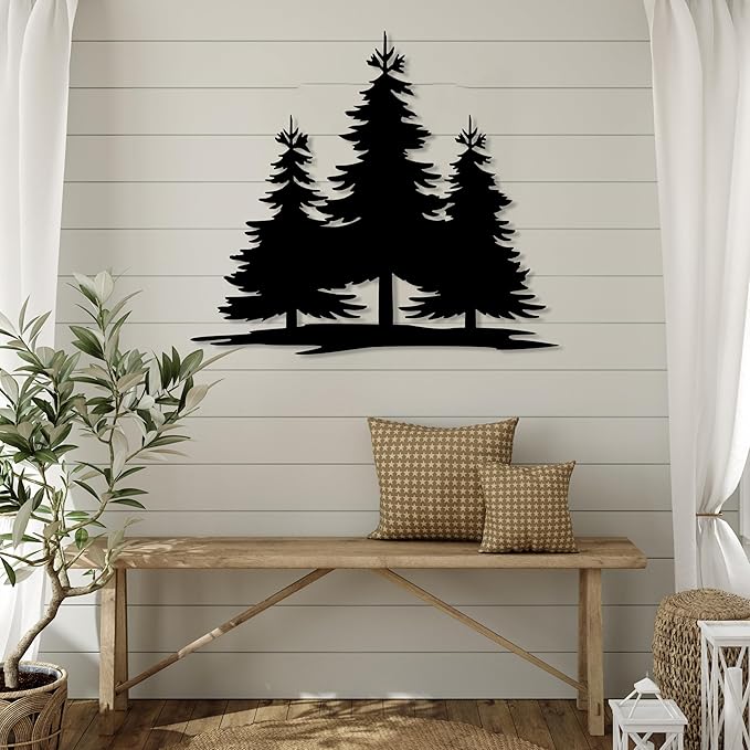 Metal Pine Tree Wall Art Decor, Pine Tree Family Nature Home Decor, Forest Decorations, Farmhouse Cabin Wall Hanging, Wall Art for Home, Living Room, Bedroom, Office, Outdoor, Nature Lovers Gift