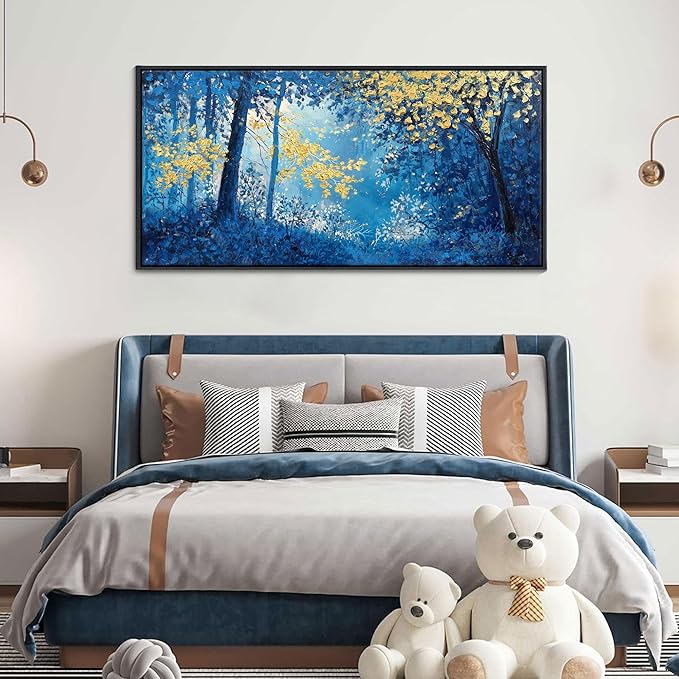 Blue and Gold Canvas Wall Art - Forest Bedroom Wall Art - Tree Wall Pictures for Living Room, Office, or Bedroom - Nature Landscape Canvas Decor Framed Painting 24×48IN