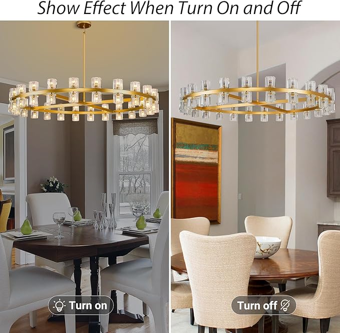 Modern 48 inch Gold Round Chandeliers Light Fixture, Crystal Chandeliers for Dining Room, Living Room Chandelier, Wagon Wheel Chandelier Over Table, Suitable for Bedroom,Foyer,Includes Bulbs