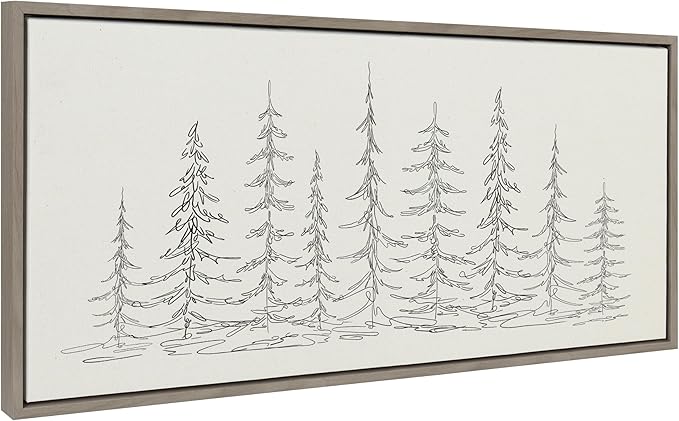 Kate and Laurel Sylvie Minimalist Evergreen Trees Sketch BW Framed Canvas Wall Art by The Creative Bunch Studio, 18x40 Gray, Minimal Christmas Tree Art for Wall