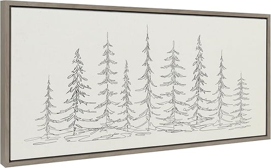 Kate and Laurel Sylvie Minimalist Evergreen Trees Sketch BW Framed Canvas Wall Art by The Creative Bunch Studio, 18x40 Gray, Minimal Christmas Tree Art for Wall