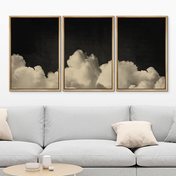 MUDECOR Framed Canvas Print Wall Art Dramatic Cloudscape Black and Beige Sky Illustrations Realism Decorative for Living Room, Bedroom, Office - 16"x24"x3 Natural