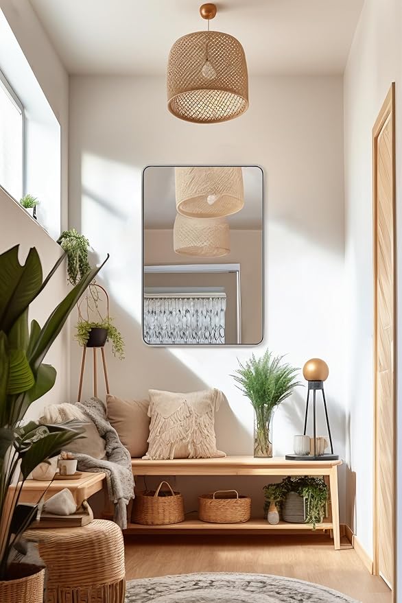 ANDY STAR 24x40'' Bathroom Mirror for Wall, Brushed Nickel Rounded Rectangle Mirror for Vanity in Stainless Steel Tube Metal Frame Antirust Wall-Mounted Horizontal or Vertical