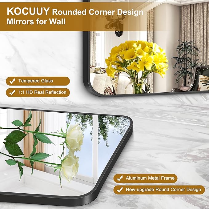 KOCUUY Black Bathroom Mirror 48"x36", Large Vanity Mirror with Rounded Corner, Metal Black Frame with Mordern Design for Bathroom, Living Room, Entryway, Hang Horizontal/Vertical