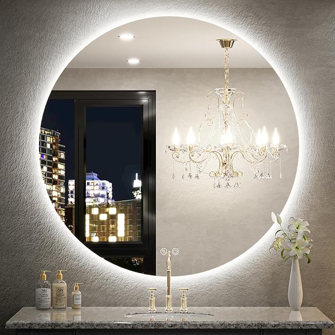36 Inch Round LED Bathroom Mirror - 6000K Daylight Backlit, Anti-Fog & Dimmable, Frameless Waterproof Mirror with Touch Control, CRI90+, IP54 for Vanity & Makeup