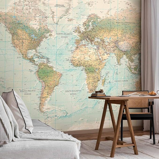 artgeist Premium Wall Mural World Map 98x69 in - XXL Non-Woven Wallpaper Fleece Wall Decor Photo Print Picture Image Design Home Map of The World k-A-0091-a-d