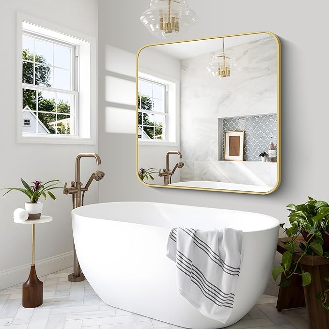 BONEWEI Gold Bathroom Mirror,48x48 inch Wall Mirror for Bathroom Wall Mounted,Round Rectangle Mirror for Bathroom Over Sink,Modern Frame for Home Decor Living Room,Bedroom Entryway,Horizontal/Vertical