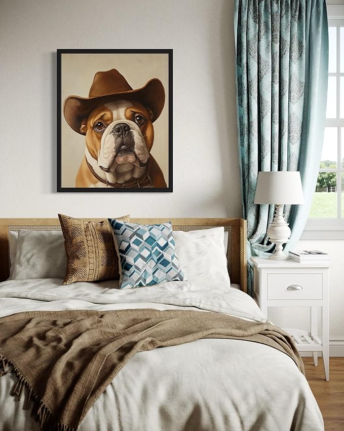 Bulldog Cowboy Art Print Poster Wall Art, Western Country Farmhouse Wild West for Bedroom, Bathroom, Living Room Art Decor 58 (Bulldog, 11 x 14 inches, Black Frame)