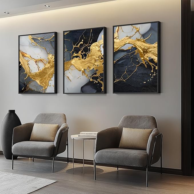 Large Framed Black and White Gold Abstract Wall Art for Living Room, Set of 3 Piece Canvas Paintings Artwork for Walls, Modern Art Prints Pictures for Hallway Office Wall Decor 24x36 Inch