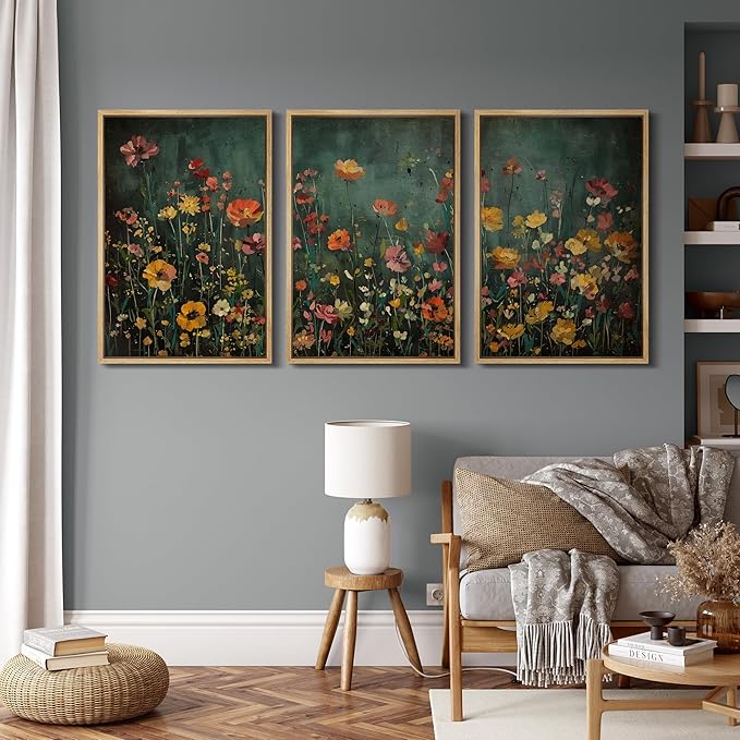 MUDECOR Framed Wall Art Print Set Vintage Wildflower Meadow with Colorful Blooms Illustrations Modern Art Boho Decorative Colorful Chic for Living Room, Bedroom, Office - 16"x24"x3 Natural
