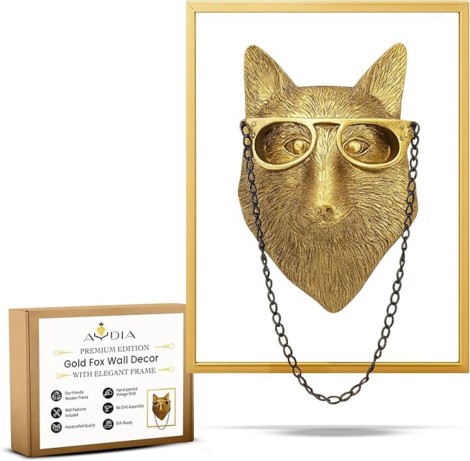 AYDIA Vintage Gold Animal Head Wall Decor, Faux Fox Decor, Wall Art, 3D Animal Sculpture, Gift Ready, Gold Fox for Home or Office.