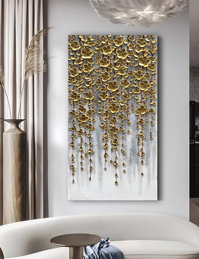 3D Vertical Abstract Canvas Oil Painting Wall Art, 116x57cm Golden Flower Painting Wall Art, Home Living Room Wall Decoration Abstract Painting Art
