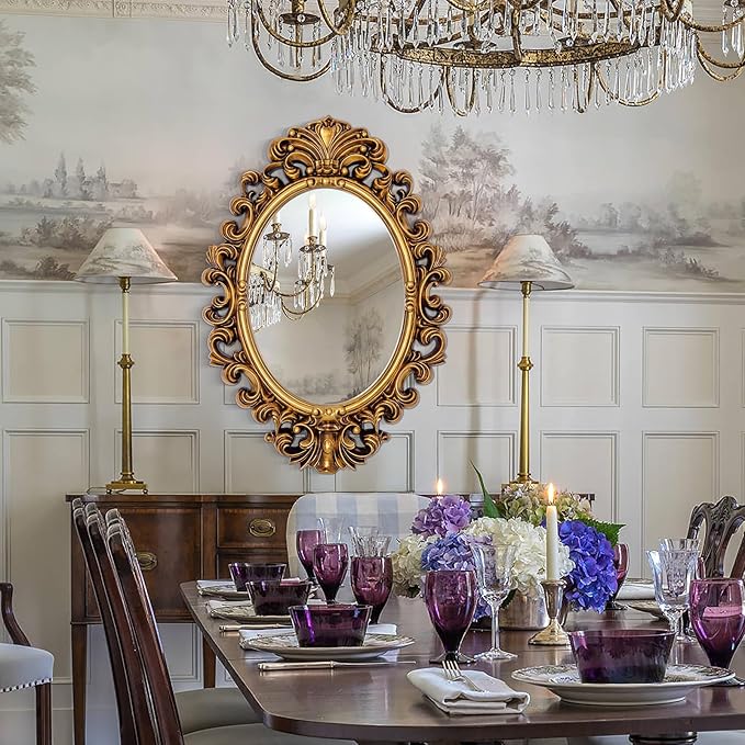 Antique Gold Oval Mirror, Decorative Mirrors with Baroque Framed, 29'' x 41'' Ornate Vinatge Gold Wall Mirror for Living Room Dining Room Bedroom Entryway Fireplace