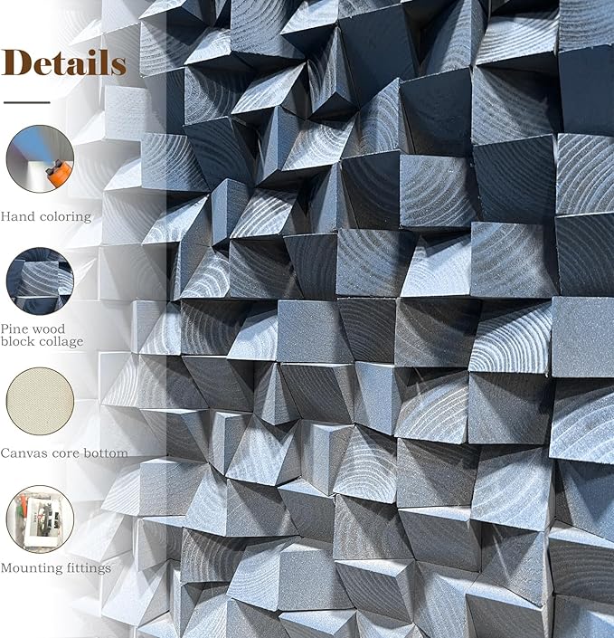 LIUZEYUE - 3D wooden block decoration painting art wall decoration 3D wooden background wall living room bedroom study (blue gray gradient) 35.4"x70.8"