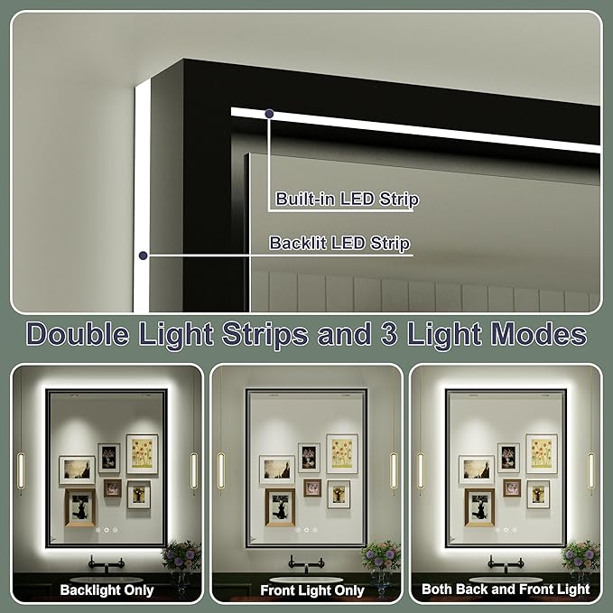 30x36 Inch Black LED Bathroom Mirror with Front and Back Lights, 3000K/4500K/6000K, Wall Mounted Framed Lighted Bathroom Vanity Mirror, Stepless Dimmable, Anti-Fog, Horizontal/Vertical