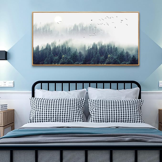 MHARTK66 Large Size Wall Art For Living Room Wood Framed Canvas Wall Decor For Bedroom Foggy Forest Trees Landscape Painting Wall Decorations Modern Home Decor Canvas Pictures Artwork 30" X 60"