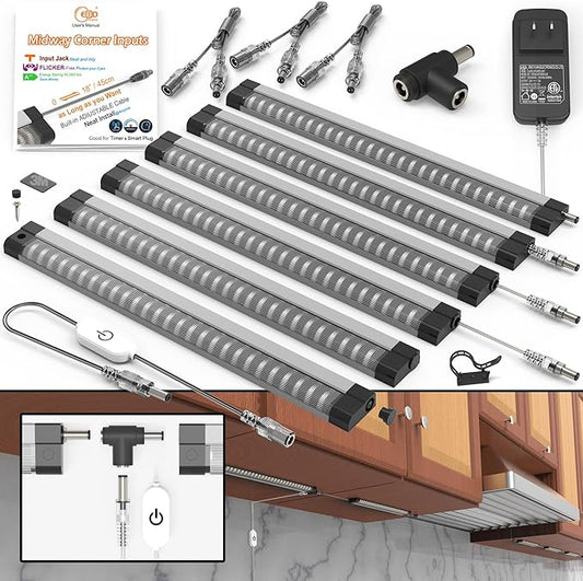 EBD LED Under Cabinet Lighting for Kitchen Built-in Adjustable Cable & Mid Input Jack 6 Pcs Bookshelf Plug in Light bar 4500K 2700 Lm Ultra Bright for Timer Smart Plug Alexa Google Assistant & Siri