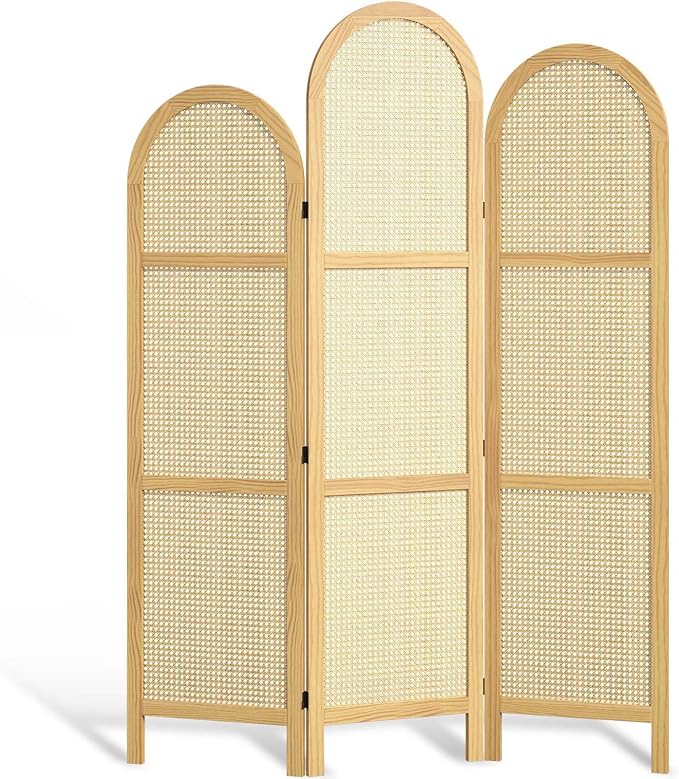 3-Panel Hand-Woven Rattan Room Divider, Tall Foldable Privacy Screen with Wooden Frame - Freestanding Portable Partition for Home Office, Bedroom, Bathroom(Natural-Wave)