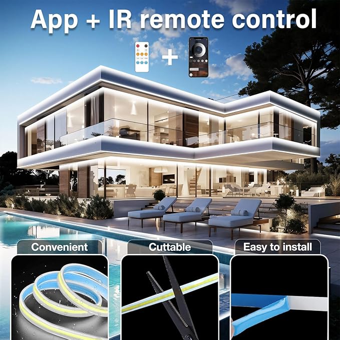 100ft COB Outdoor LED Strip Lights Waterproof,Dimmable 6500K Bright White,IP68 Outside Led Light Strips Waterproof with App Remote Control,Music Sync Exterior Led Rope Lights