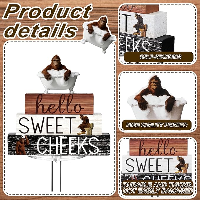 4 Pcs Funny Bigfoot Bathroom Decor Farmhouse Sasquatches Bathroom Decoration Western Hello Sweet Cheeks Table Centerpiece Christmas