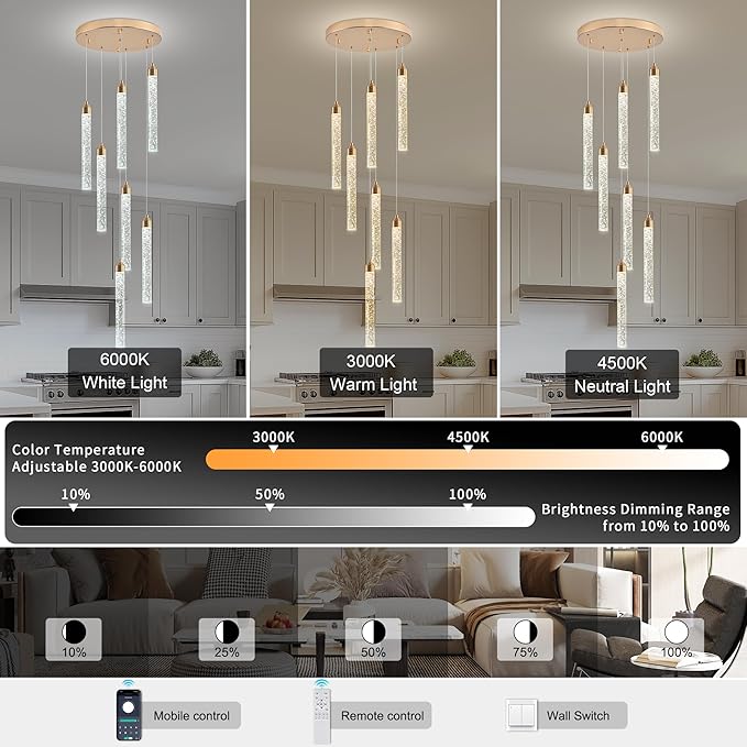 7-Light High Ceiling Crystal Staircase Chandelier Gold, Modern Spiral Raindrop Dimmable LED Bubble Cluster Ceiling Hanging Lighting Fixture for Foyer Living Room Entrance Remote Control