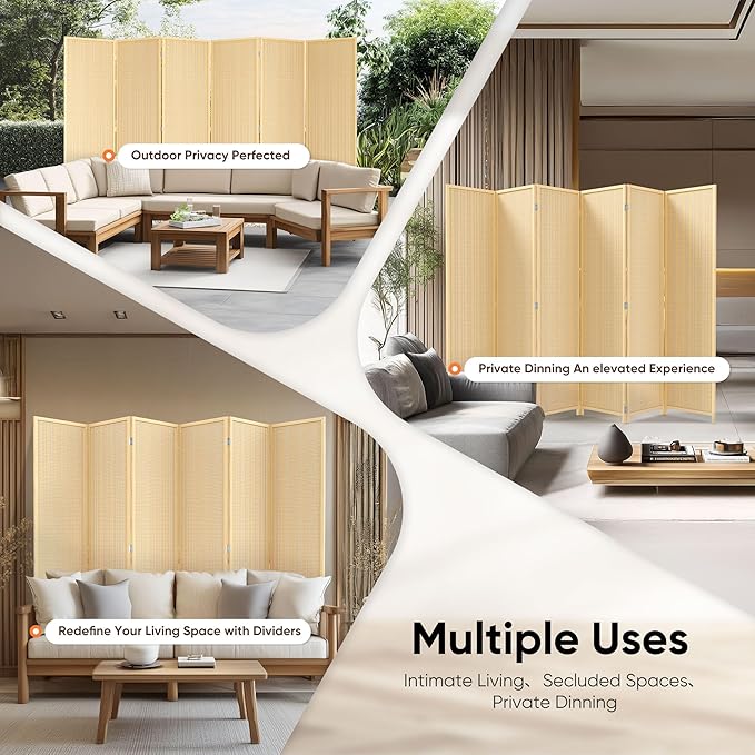 JOSTYLE Room Divider Folding Privacy Screen, 6 Panel Room Divider Screen - 6 ft. Tall Bamboo Divider Panel for Room Separation Freestanding Partition Wall, Beige