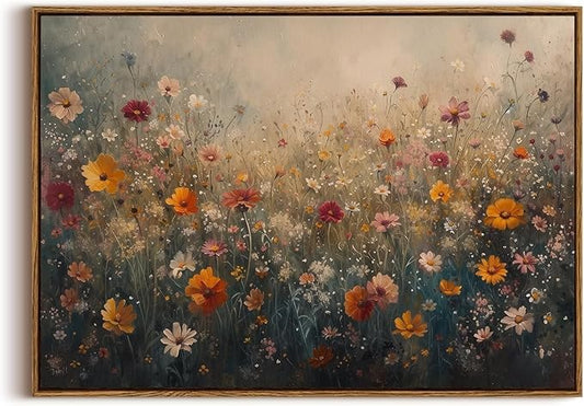 KISSFOX Vintage Framed Wall Art Farmhouse Dreamy Wildflower Field Canvas Art Colorful Daisy Floral Paintings Artwork Natural Rustic Art Prints For Bedroom Bathroom Living Room
