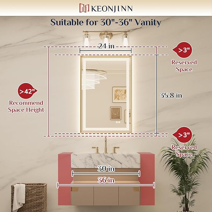 Keonjinn 24 x 36 Inch Lighted Bathroom Mirror with Frontlit & Backlit, Brushed Nickel LED Mirror for Bathroom, Tempered Glass, UL Listed LED Driver, Beveled Frame, 3 Color Lights, Anti-Fog, Dimmable