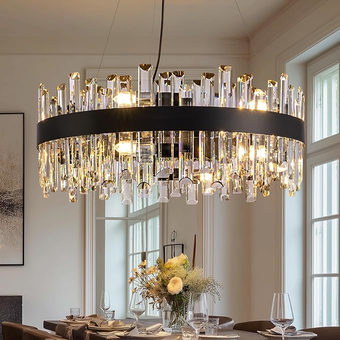 Modern Crystal Chandelier for Dining Room, 12-Light Black Round Chandelier, 23.6-inch K9 Crystal Raindrop Ceiling Light, Luxury Flush Mount Light Fixture for Kitchen Living Room Entryway
