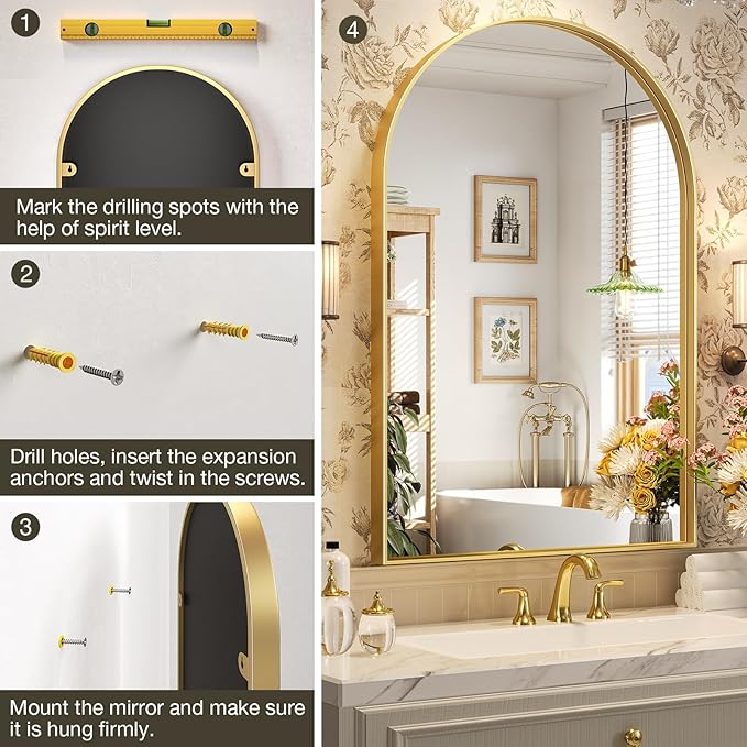 Brightify Arched Mirror, Arched Wall Mirror, 32 x 40 Inch Gold Arch Mirror, Metal Frame Gold Bathroom Mirror, Arched Top Bathroom Vanity Mirror for Living Room Bedroom Mantel Entryway Hallways