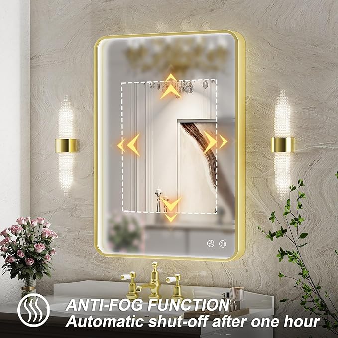 20X28 Inch Framed LED Lighted Bathroom Mirror,Wall Mounted Gold Metal Vanity Mirrors with Lights,Dimmable Illuminated Anti-Fog Mirror(Horizontal/Vertical)