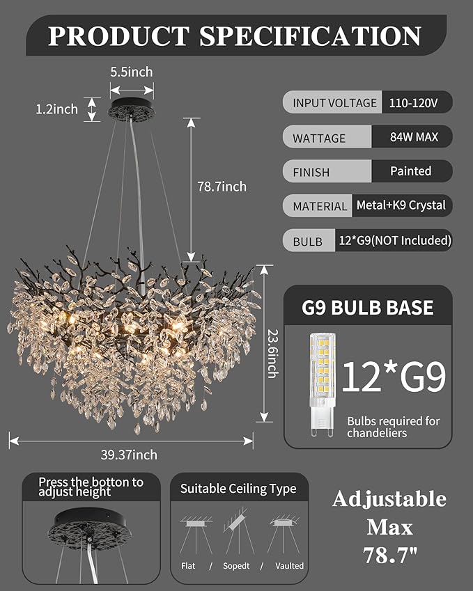 Modern Crystal Chandelier for Dining Room, 39.5" Black Tree Branch Chandeliers, 12-Light Luxury K9 Crystal Round Chandeliers for Kitchen Island Living Room