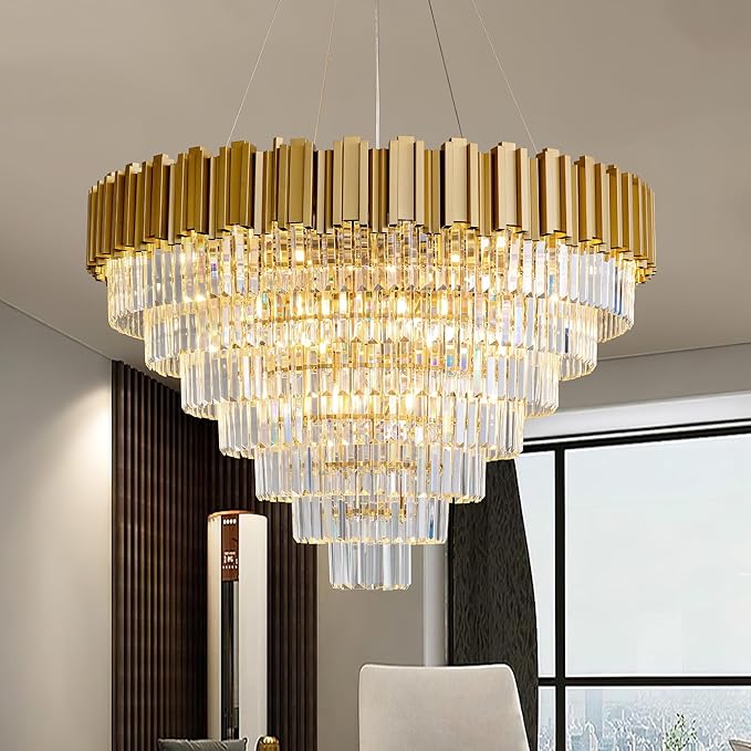 7-Tier 39" Modern Crystal Chandelier, 21-Light Gold Chandelier, Luxury Round K9 Crystal Chandeliers Pendant Light Fixture for Dining Room, Living Room, Bedroom, Foyer, Entryway, Kitchen, Restaurant
