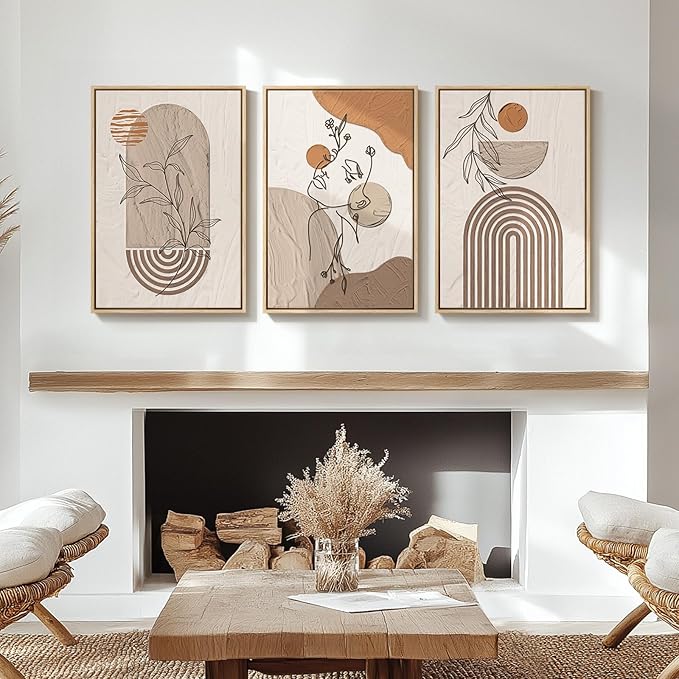 Neutral Framed Large Boho Canvas Wall Art, 3 Piece Bohemian Earth Tone Prints Paintings Artwork for Walls, Elegant Abstract Woman Face Pictures for Living Room, Bedroom, Office Wall Decor -16x24 Inch