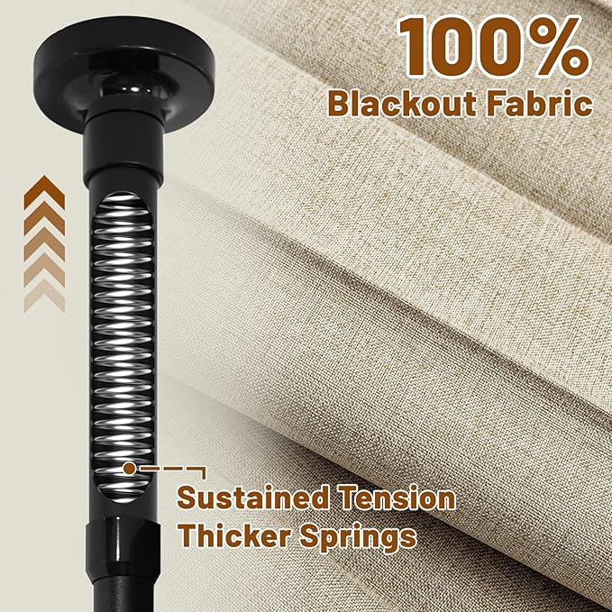 AJAZZ Room Divider Curtain (Beige, W100 x L96 in, 1 Panel)+ Curtain Rods No Drilling Adjustable Tension (H) 43-120×(W) 35-100 in, Heavy Duty Wall Divider for Apartment/Dorm