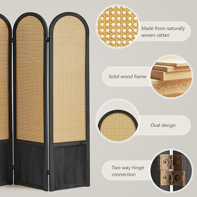 4 Panel Rattan Room Divier, Room Divider Panel and Folding Privacy Screens, Room Divider Wall, Solid Wood Frame, Partition Room Dividers, Bedroom, Dining Room, Lounge, Black