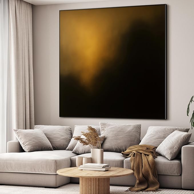 46"x46" XL Framed Wall Art - Dark Abstract Golden Light Glow on Black Modern Painting Minimalist Foggy Forest Tranquil (Frame Assembly Required)