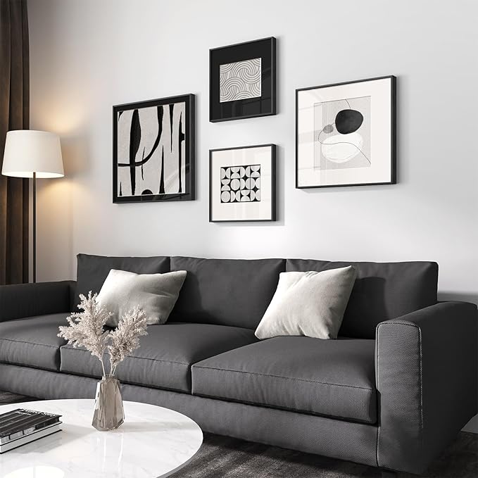 4 Piece Framed Abstract Wall Art Set, Large Modern Canvas Picture Artwork, Minimalist Contemporary Line Black and White Gray Painting Prints for Living Room, Hallway, Bedroom and Office